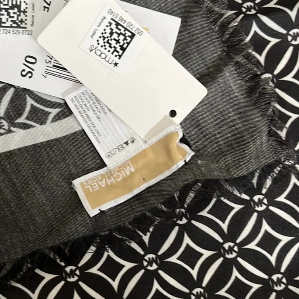 Michael Kors Monogram Square Scarf Bone & Black Fringe Trim